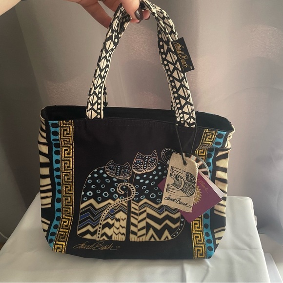 Laurel Burch Black Tan Blue Double Handle Zippered Small Cat Tote Hand Bag NWT - Picture 1 of 12